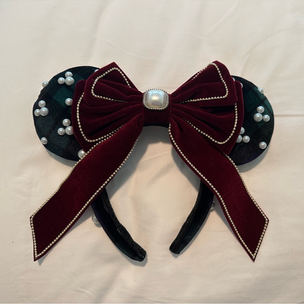 Blue/Green Plaid Ears with Maroon Bow